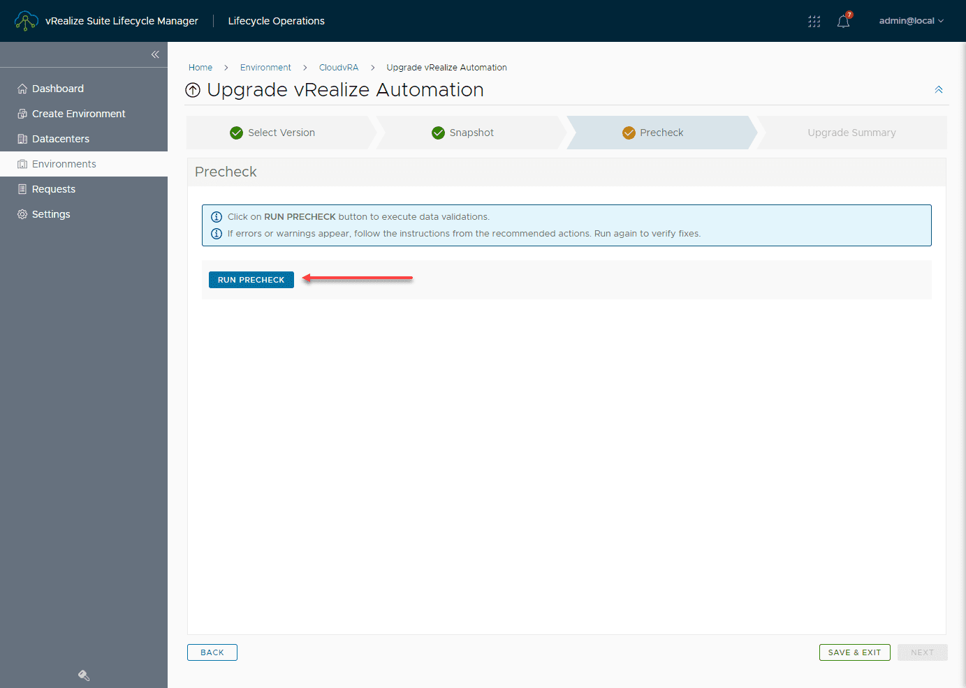 Run a precheck to upgrade vRealize Automation using vRSLCM