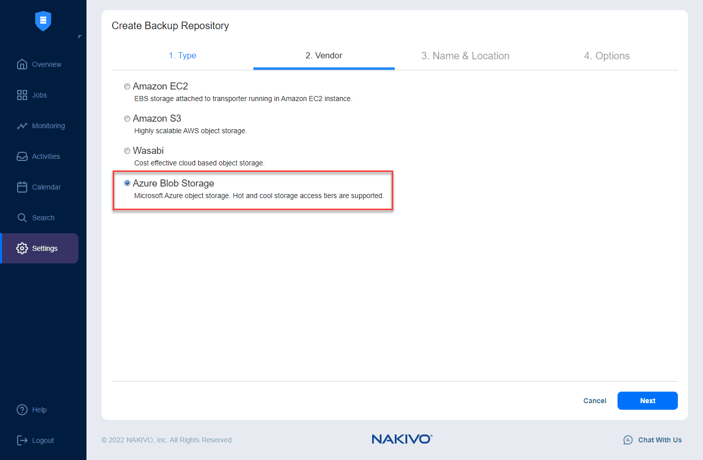Select Azure Blob Storage in NAKIVO Backup and Replication v10.7 Beta