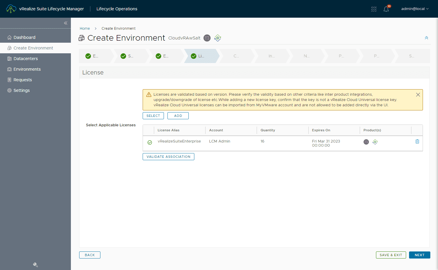 Select licensing for the vRA and SaltStack Config installation