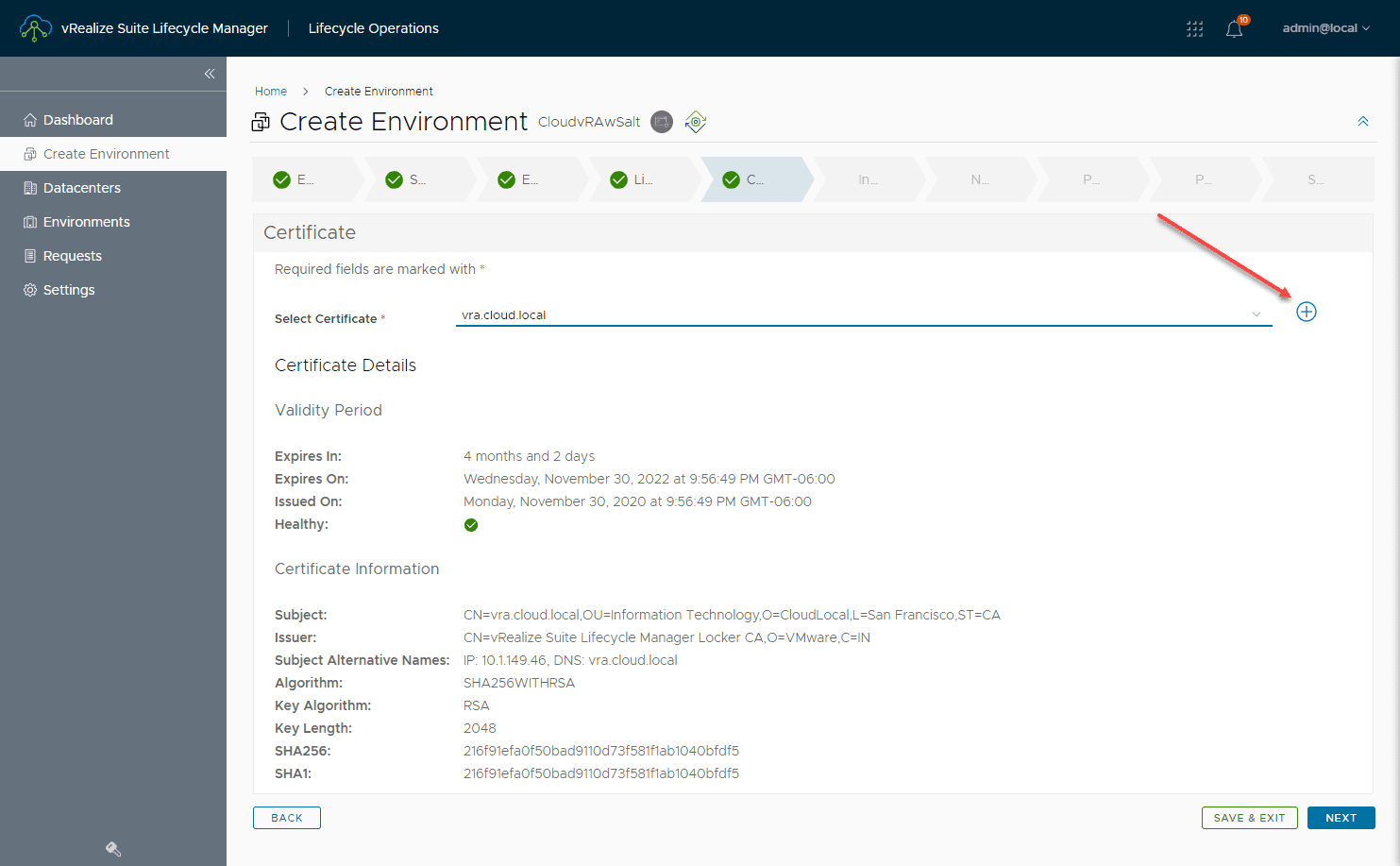 Select the certificate for the SaltStack Config installation