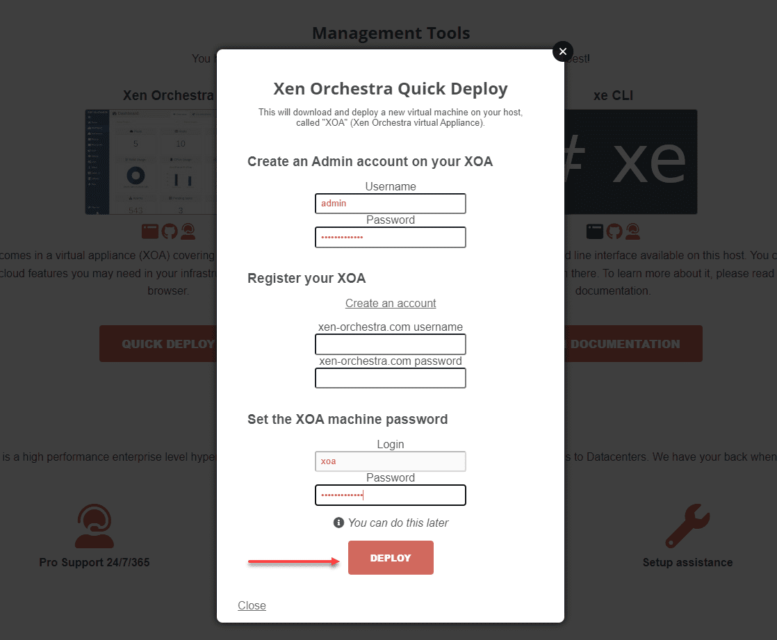 Set the admin account register Xen Orchestra and set the XOA machine account