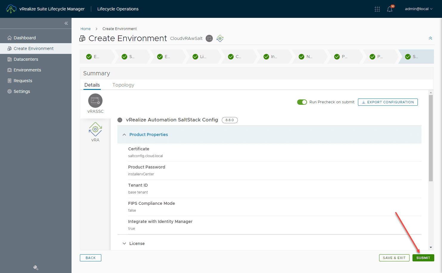 Submit the request of the vRA with SaltStack Config installation