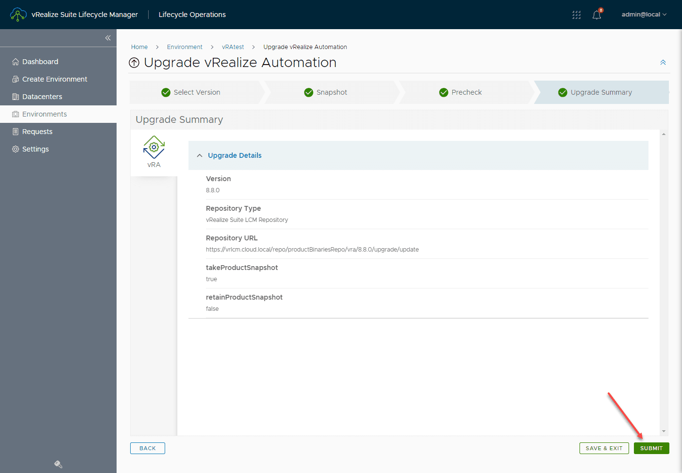 Submit the upgrade upgrade request for upgrading vRealize Automation to v8.8