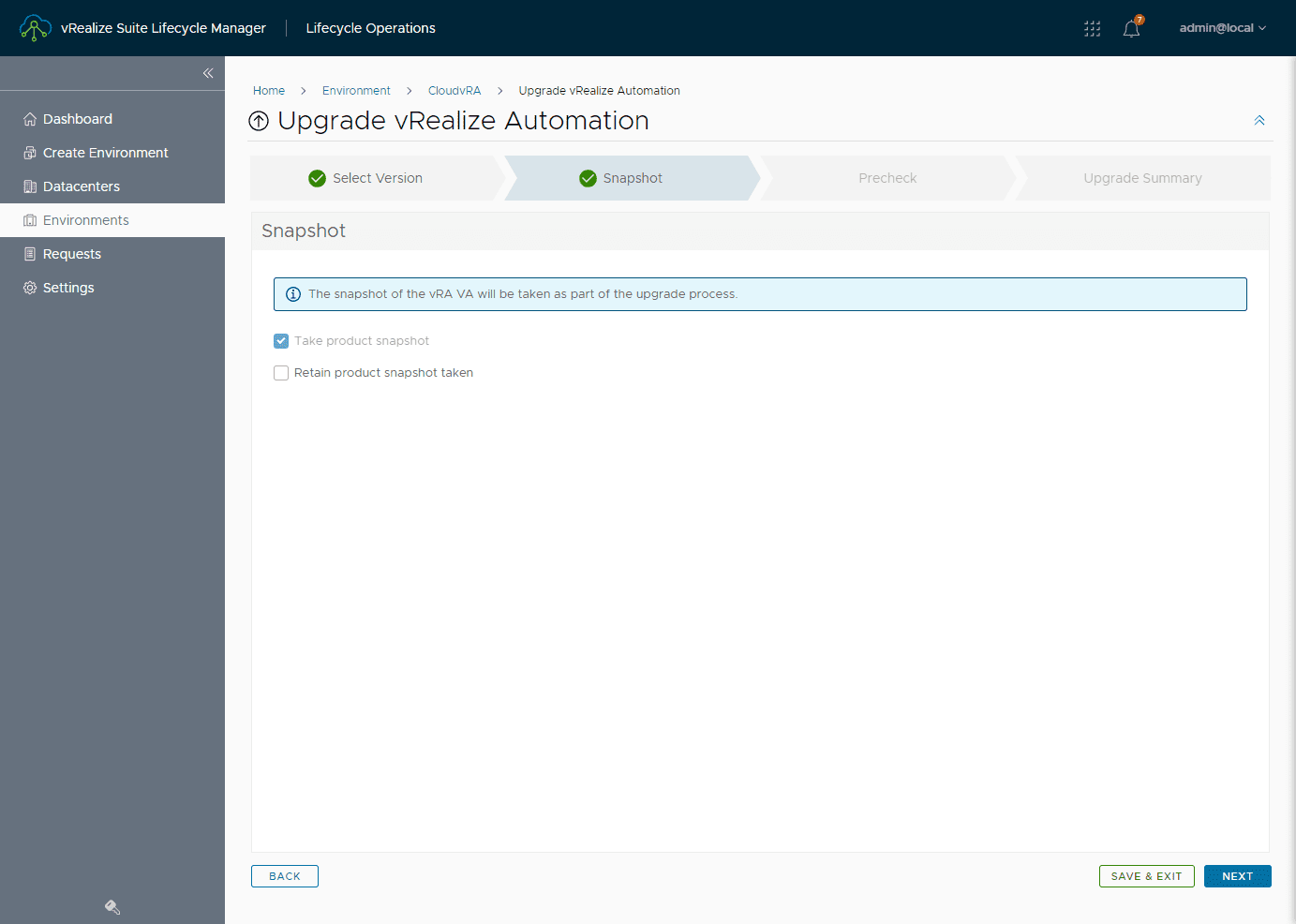 Take a product snapshot of your existing vRealize Automation virtual machine