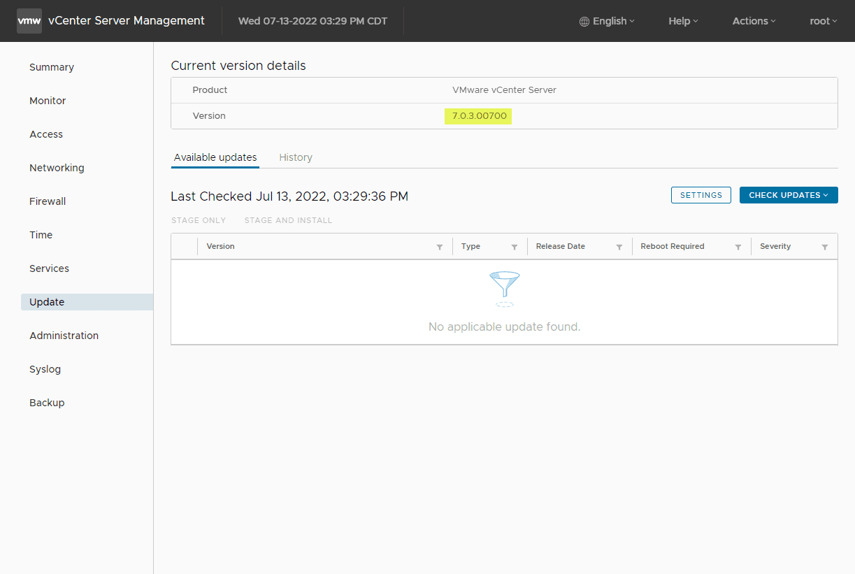 Verifying the version of the vCenter Server after the upgrade completes