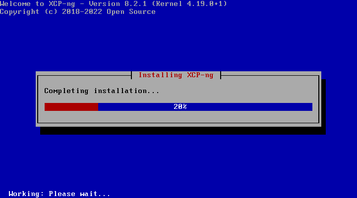 XCP NG installation begins to finalize