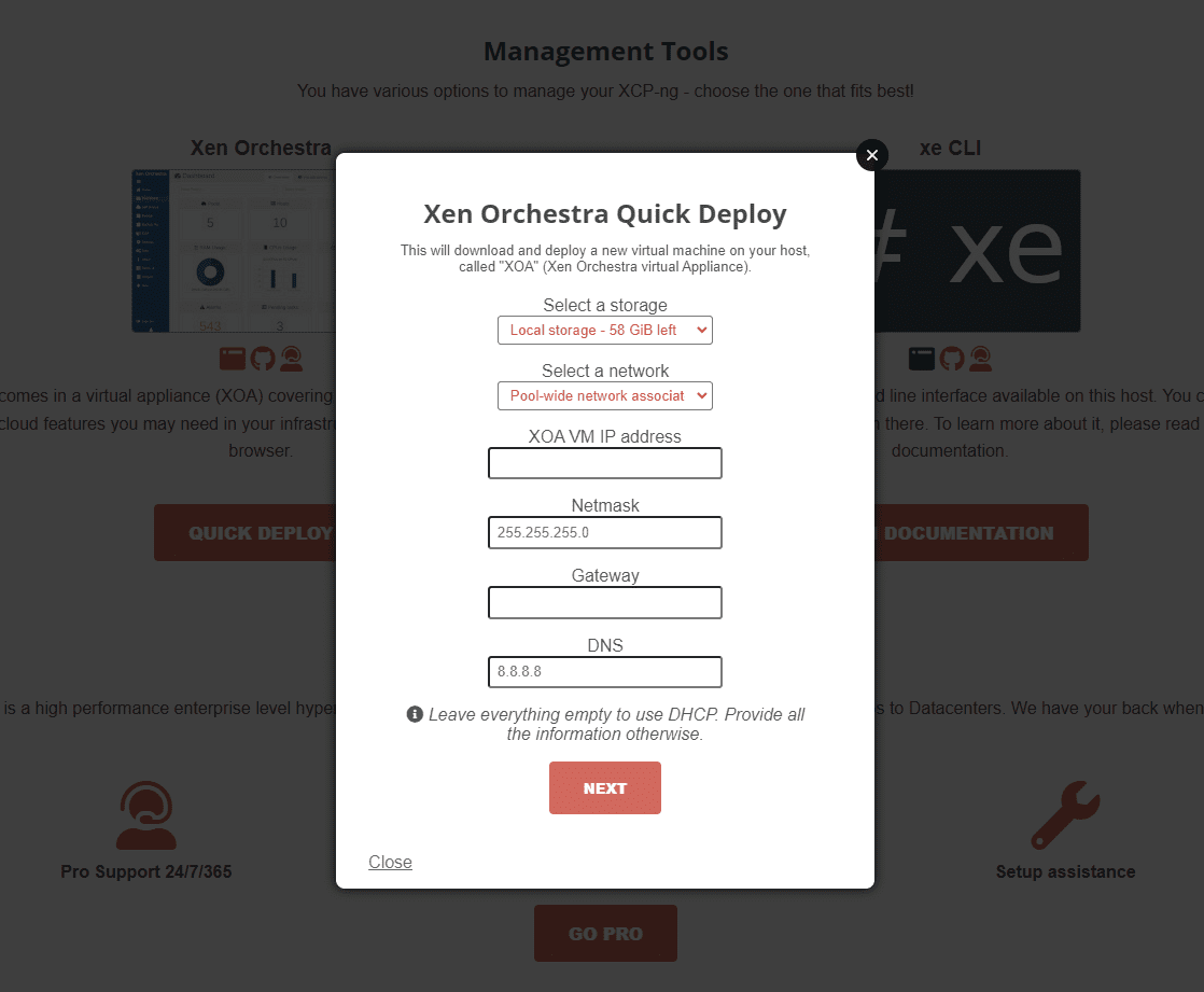 Xen Orchestra VM quick deploy storage and networking options