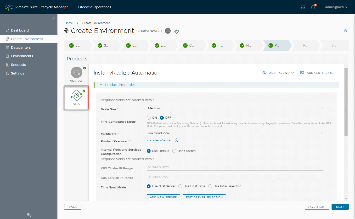 vRA configuration during installation