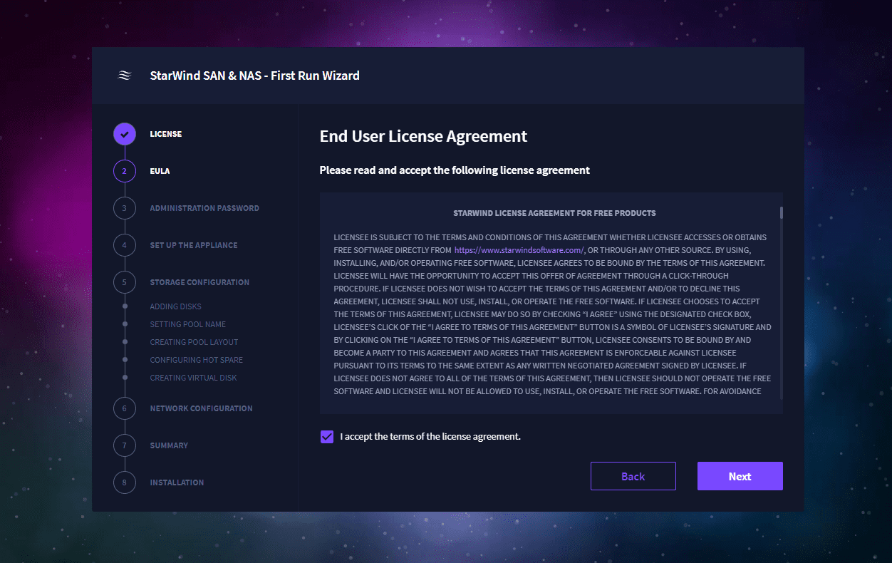 Accept the EULA for StarWind SAN and NAS