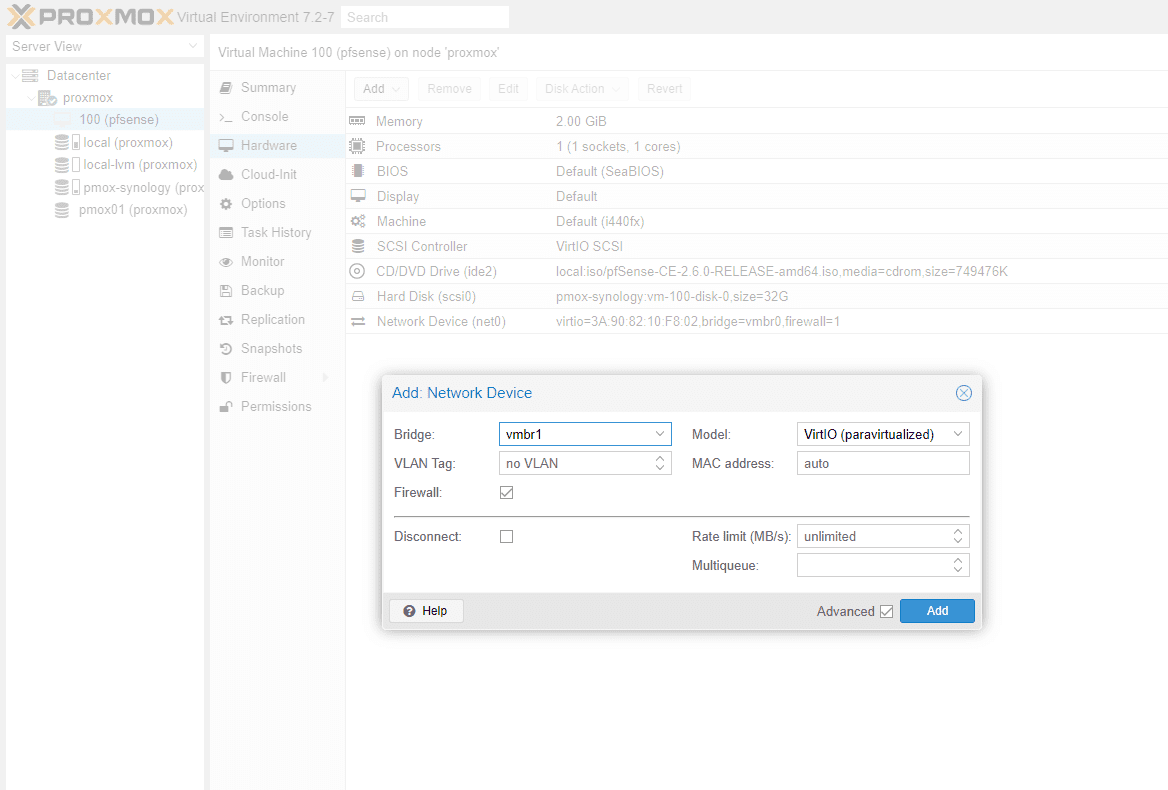 Add a new network adapter after creating the pfSense VM