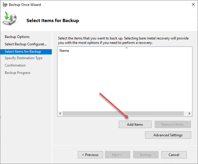 Add items to the custom backup in Windows Server Backup