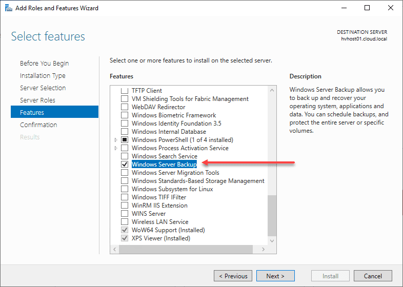 Adding the Windows Server Backup feature