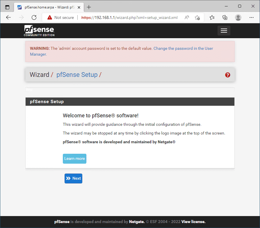 Beginning the pfSense web UI setup wizard