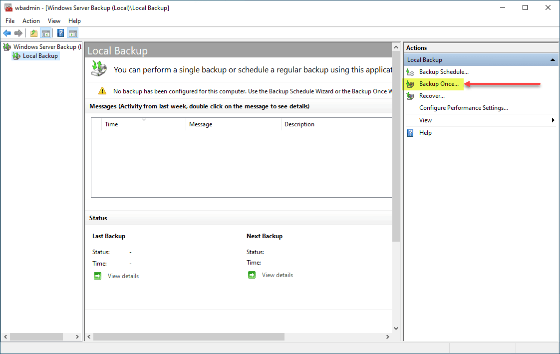 Beginning the process to back up Windows Server 2022 with Windows Server Backup
