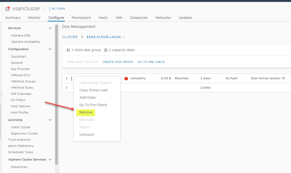 Beginning to remove the vSAN disk group