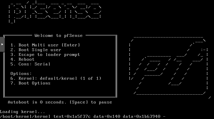 Boot screen of the pfSense VM running in Proxmox VE