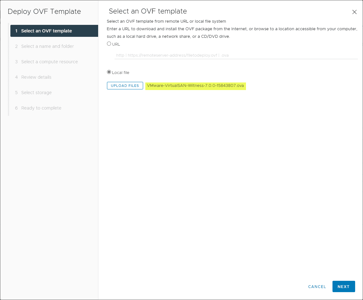 Browse to the vSAN Witness appliance OVA file