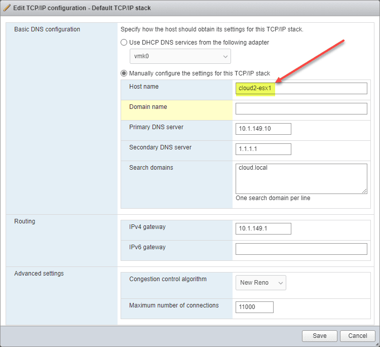 Changing ESXi hostname using the host client