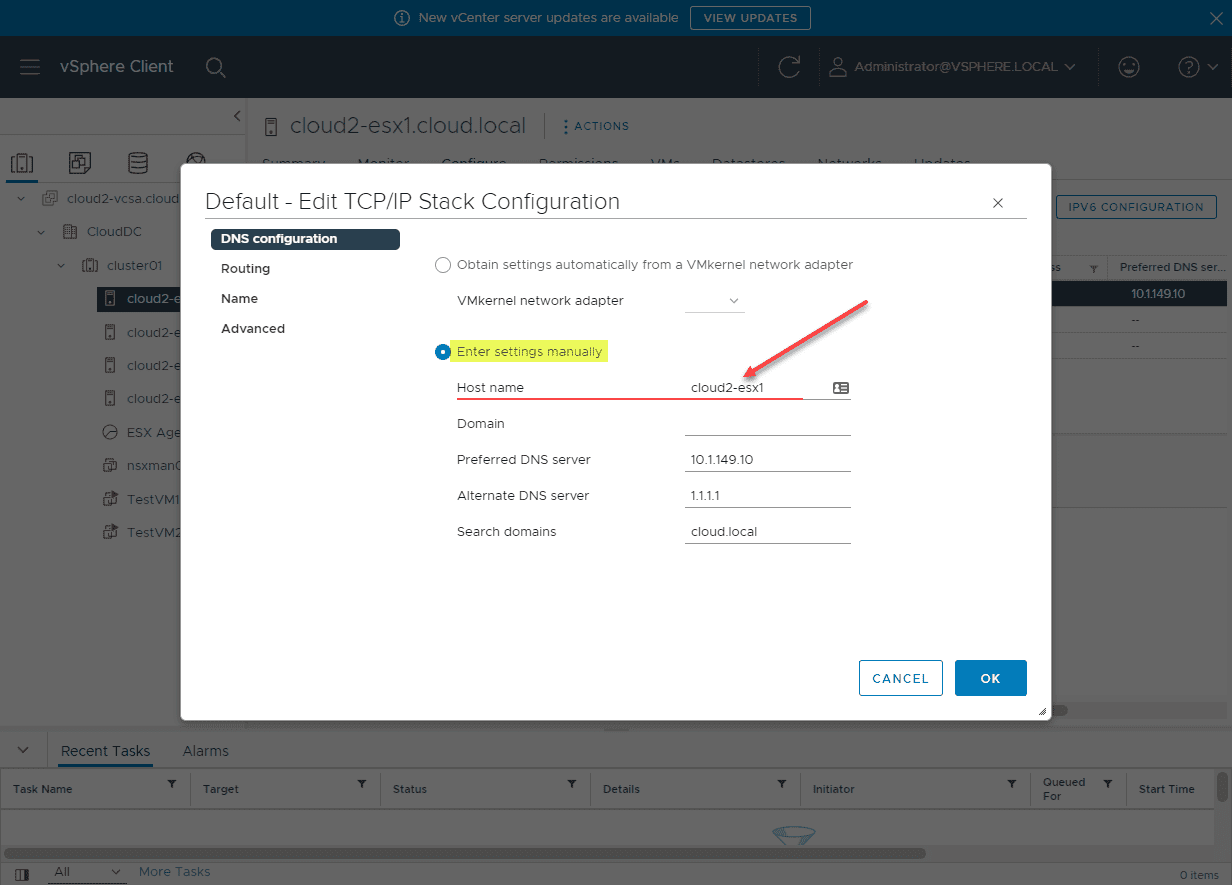 Changing the hostname via the vSphere web Client