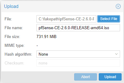 Choose the pfSense ISO for upload to Proxmox VE