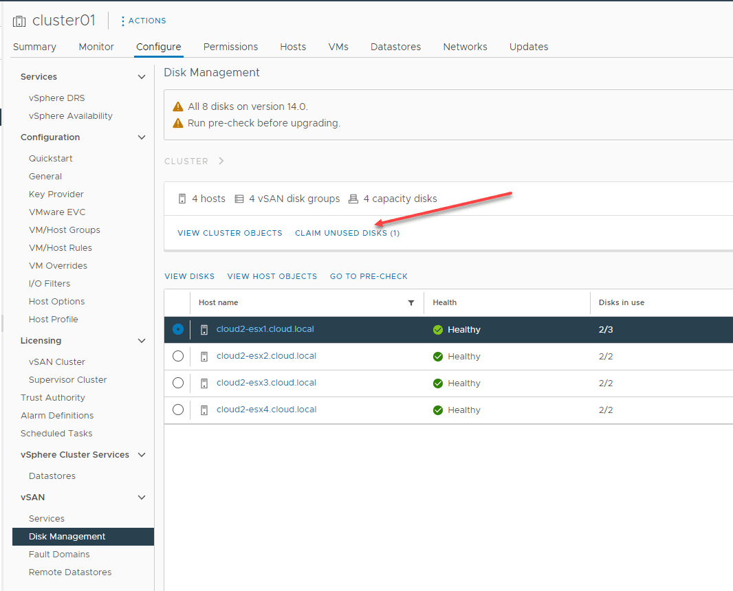 Claim unused disks in the vSAN cluster