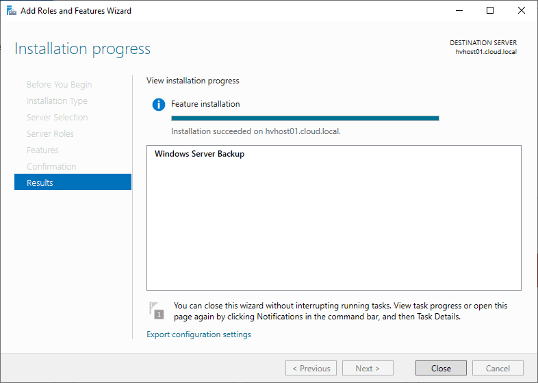 Completing the Add Server Role and Feature wizard with Windows Server Backup