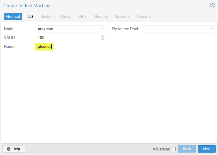 Configure a name for the new pfSense VM