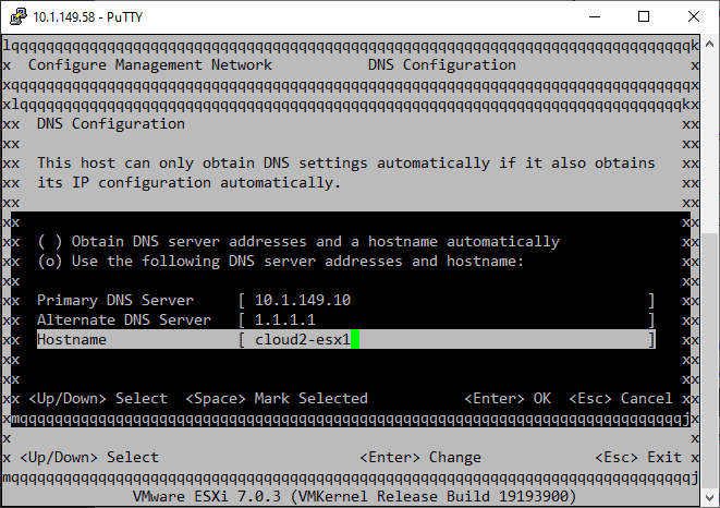 Configure the ESXi hostname in the DCUI