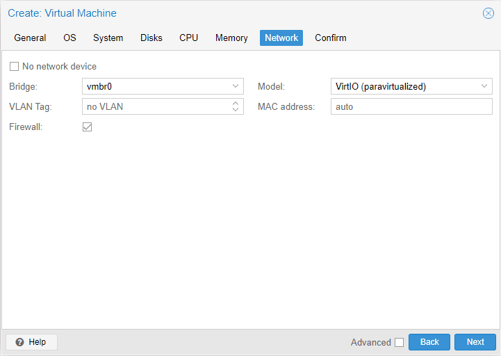 Configure the network settings for the pfSense VM