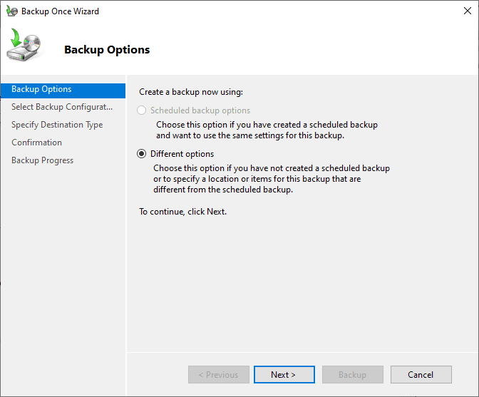 Configuring the backup options in Windows Server Backup