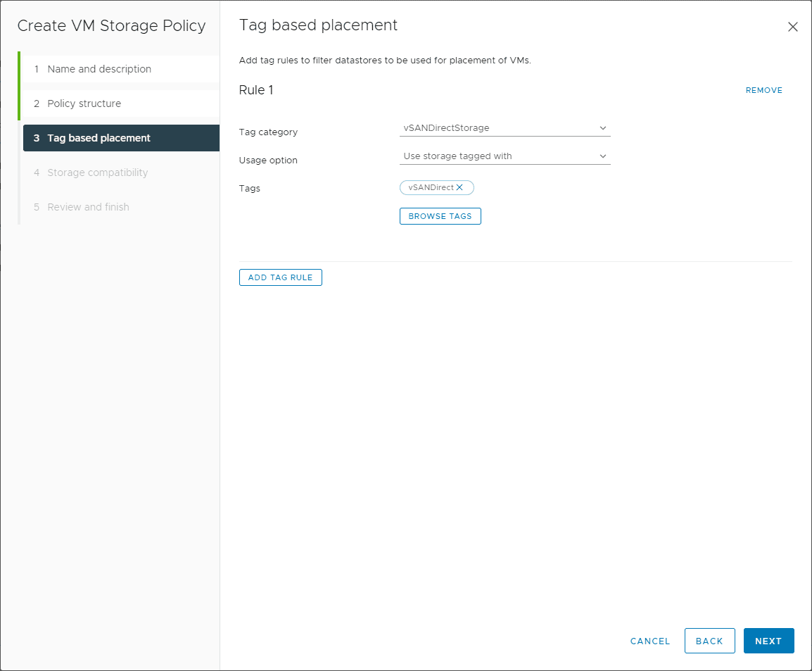 Configuring the tag based placement for the vSAN Direct VM storage policy