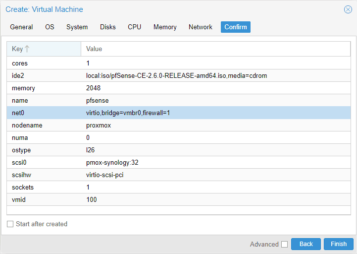 Confirm the configuration settings for the new pfSense VM