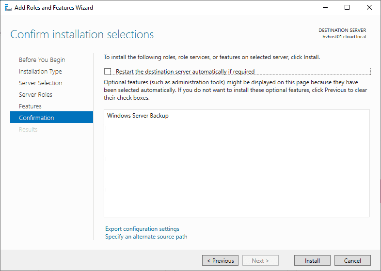 Confirm the installation of Windows Server Backup