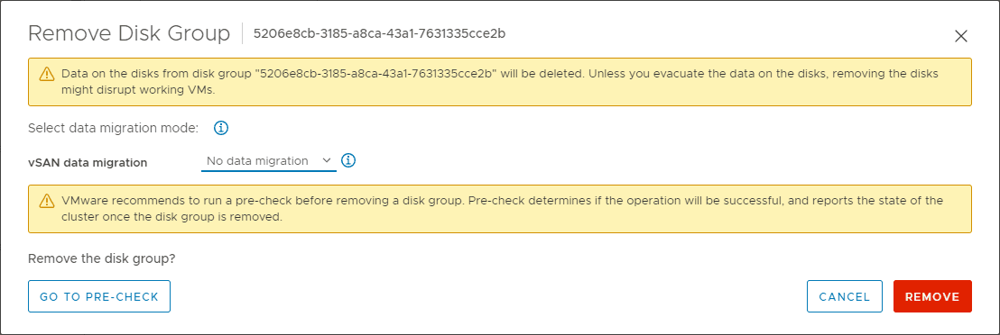 Confirming to remove the disk group with no data migration