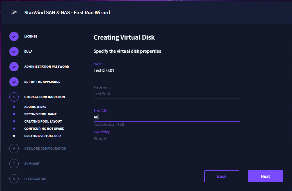 Create a new virtual disk for software defined storage