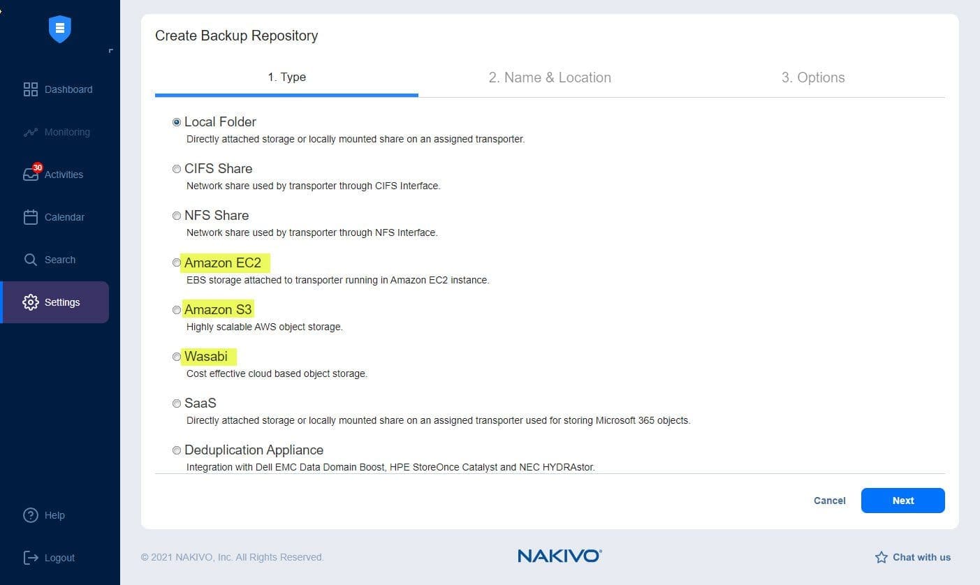 Create cloud backup repositories for offsite backups