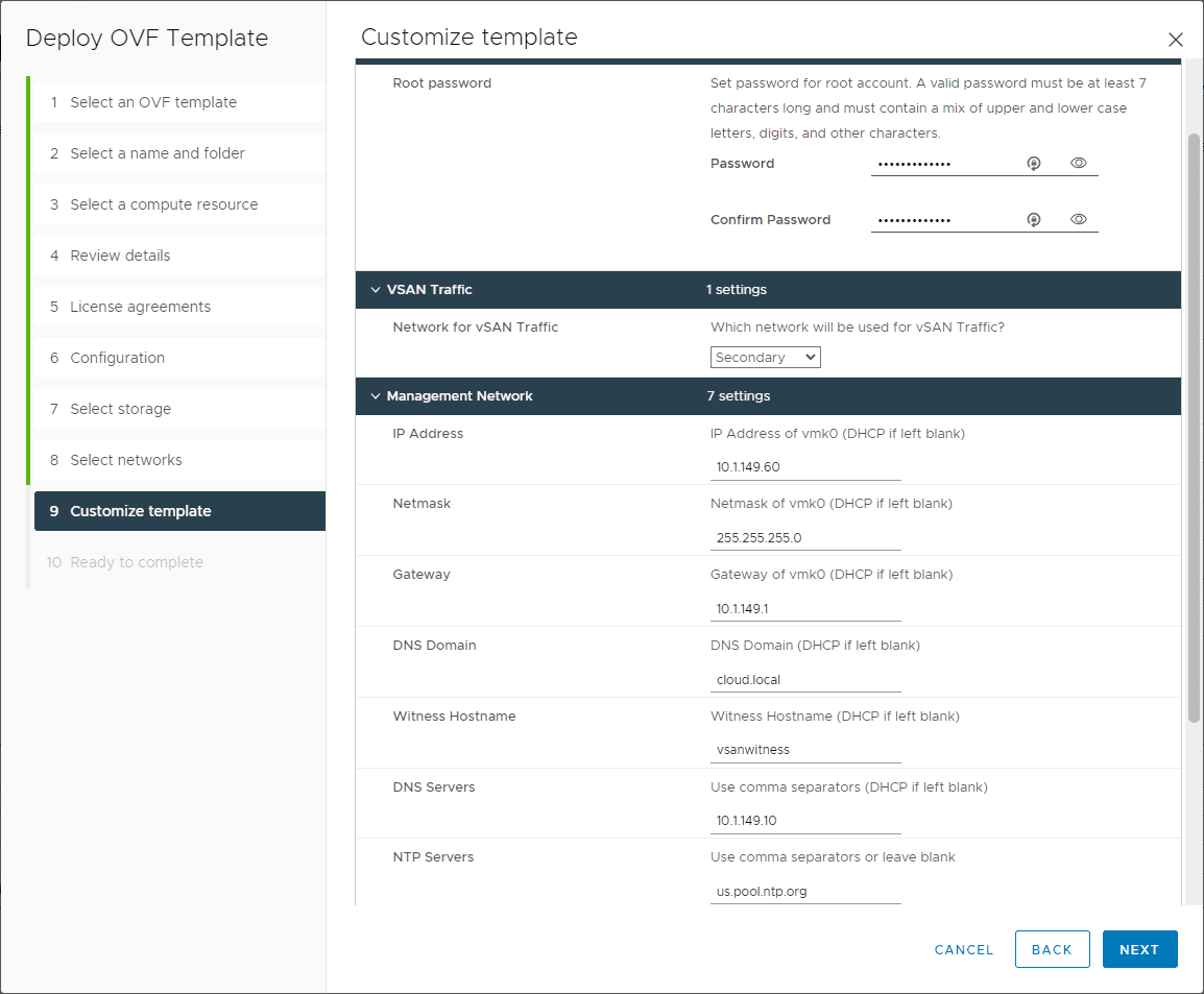 Customize the template for the vSAN Witness appliance