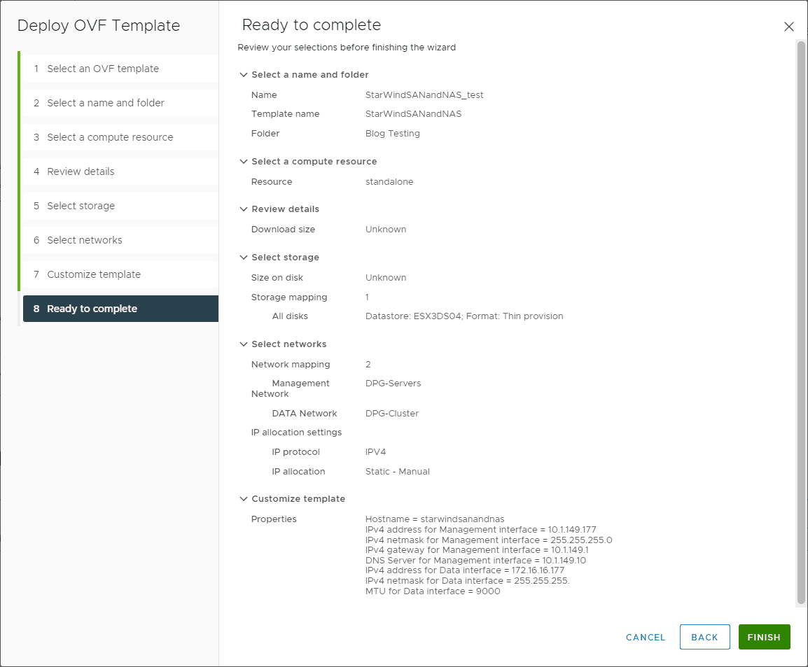 Deploying the OVF template for StarWind SAN and NAS