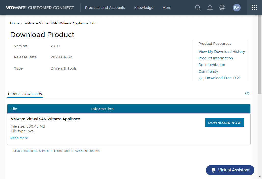 Downloading the vSAN witness appliance from VMware