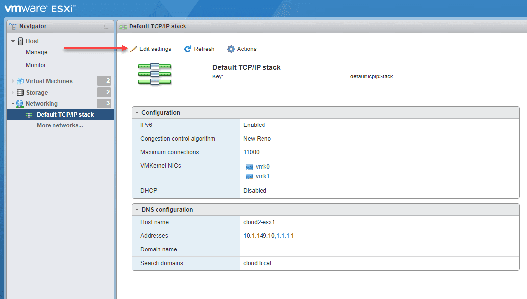 Edit the hostname settings in host client