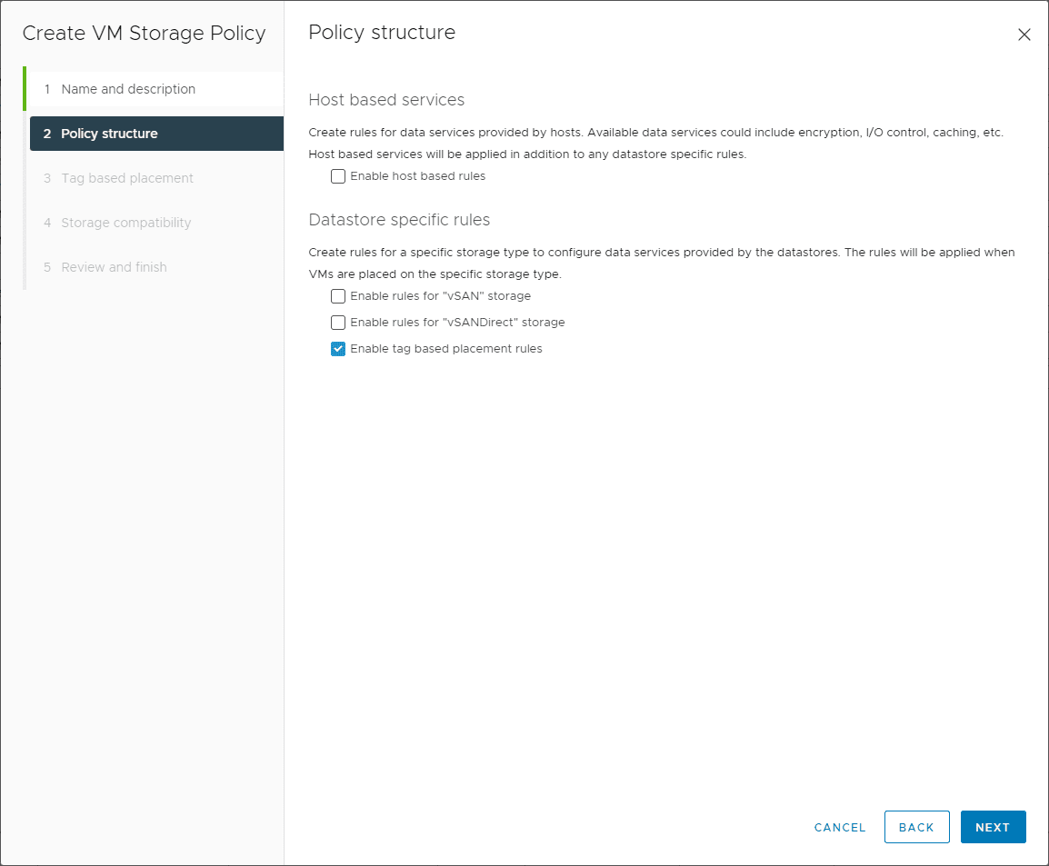 Enable tage based placement for the policy structure for vSAN Direct