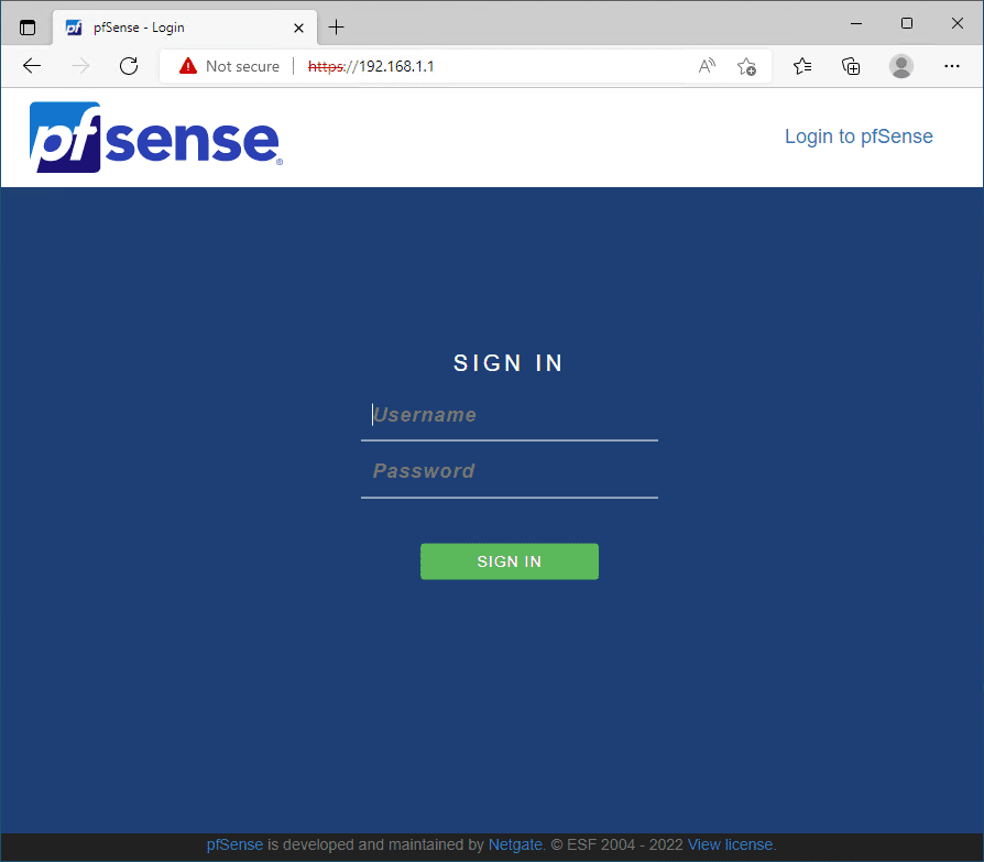 Logging into pfSense VM for the first time