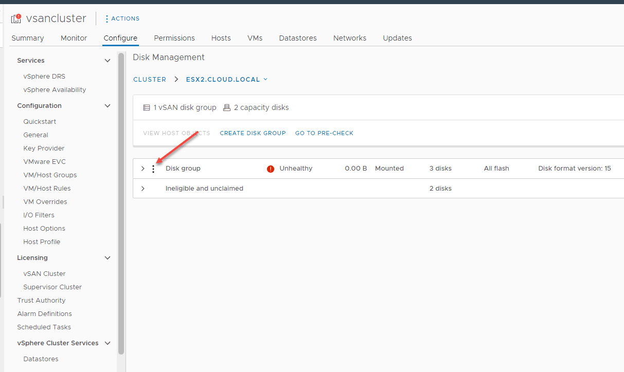 Managing the VMware vSAN disk group