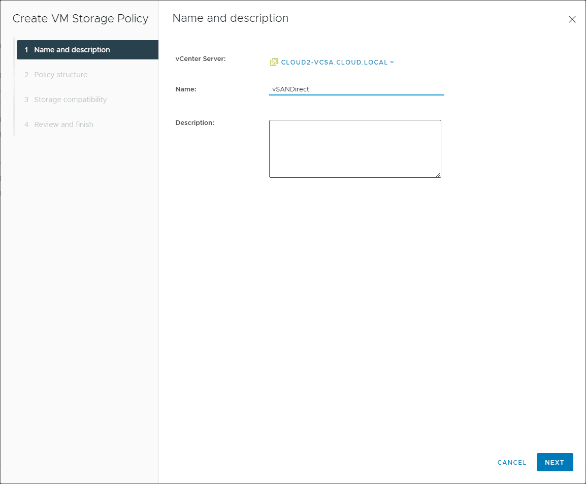 Name and description for the new VM Storage Policy