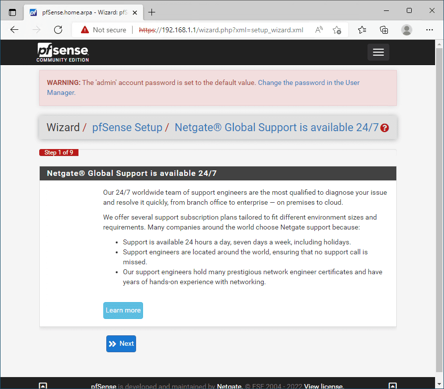 Note the message on Netgate support