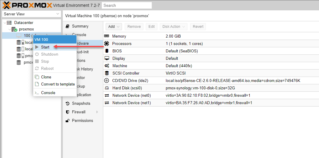 Power on the new pfSense virtual machine