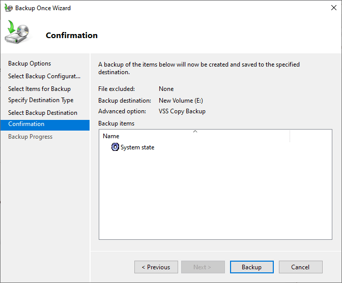 Ready to finish out the Windows Server Backup configuration and back up the server