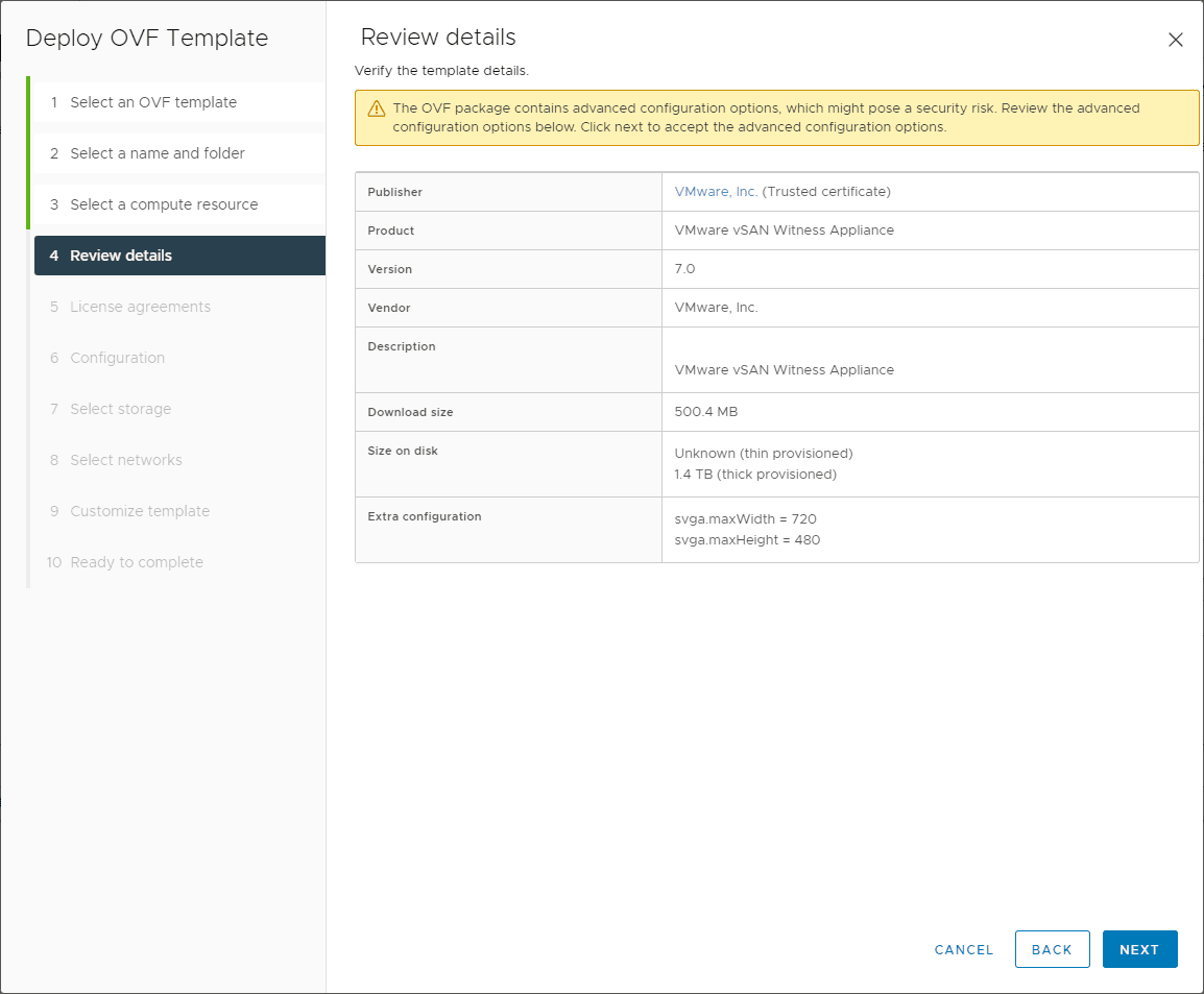 Review the initial details of the appliance deployment