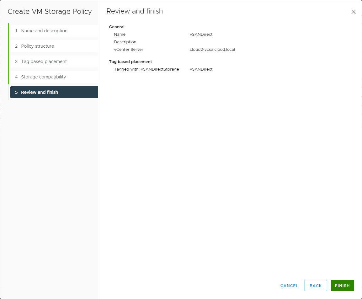 Reviewing and finalizing the new vSAN Direct VM storage policy