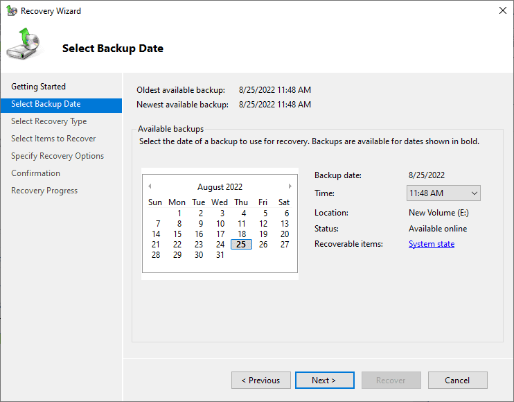 Select the backup date you want to use for the recovery operation in Windows Server Backup